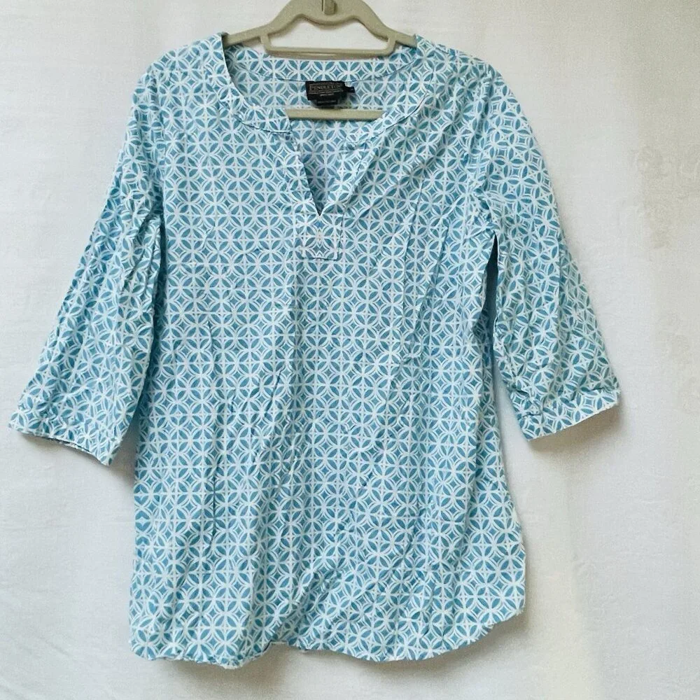 Pendleton Blouse Tunic Top Womens Medium Blue Cotton Pullover‎ 3/4 Sleeves Boho